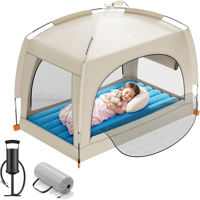 QPAU Inflatable Toddler Travel Bed with Tent – Lightweight Blow Up Kids Air Mattress with Hand Pump – Indoor & Outdoor Por...