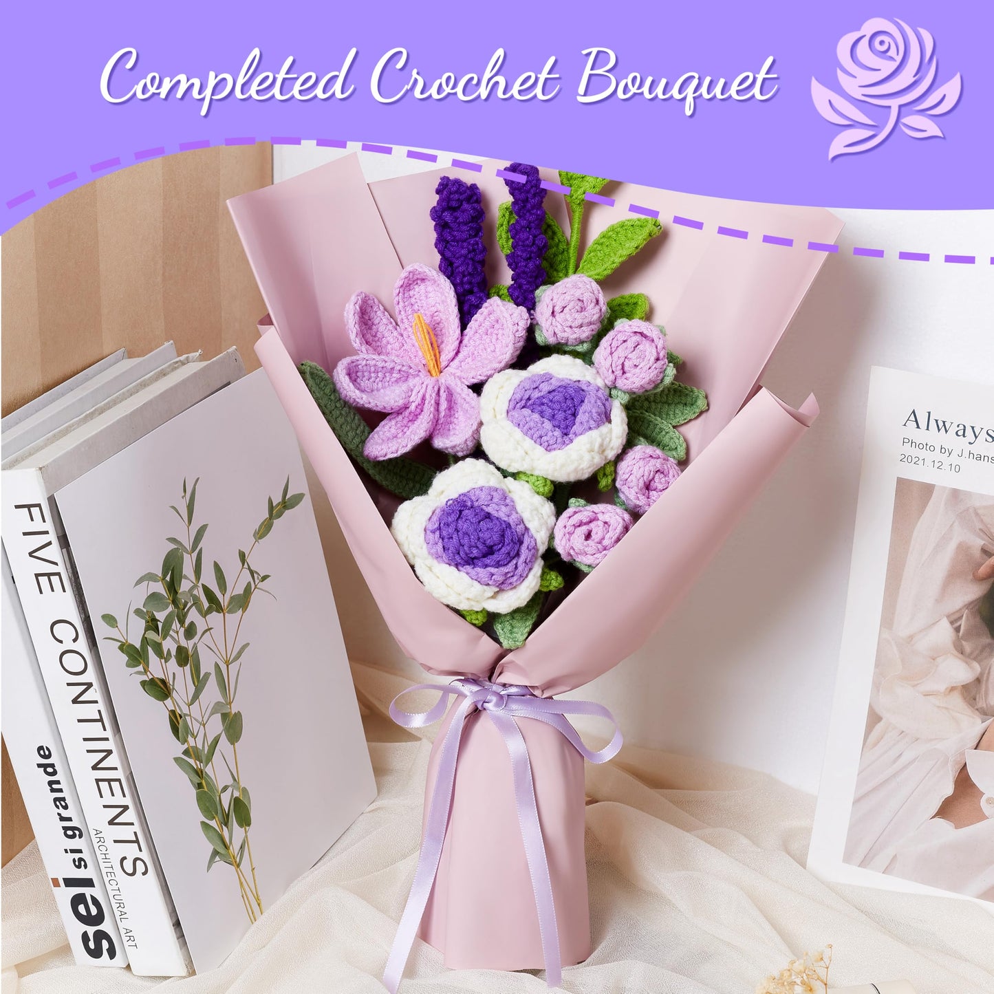 LAIDANLA Crochet Flowers Bouquet Purple Handmade Crocheted Roses Tulip Lavender 7pcs Anniversary Weddings Appreciation Christmas Birthdays Gifts for Women Knitted Flower Bouquet