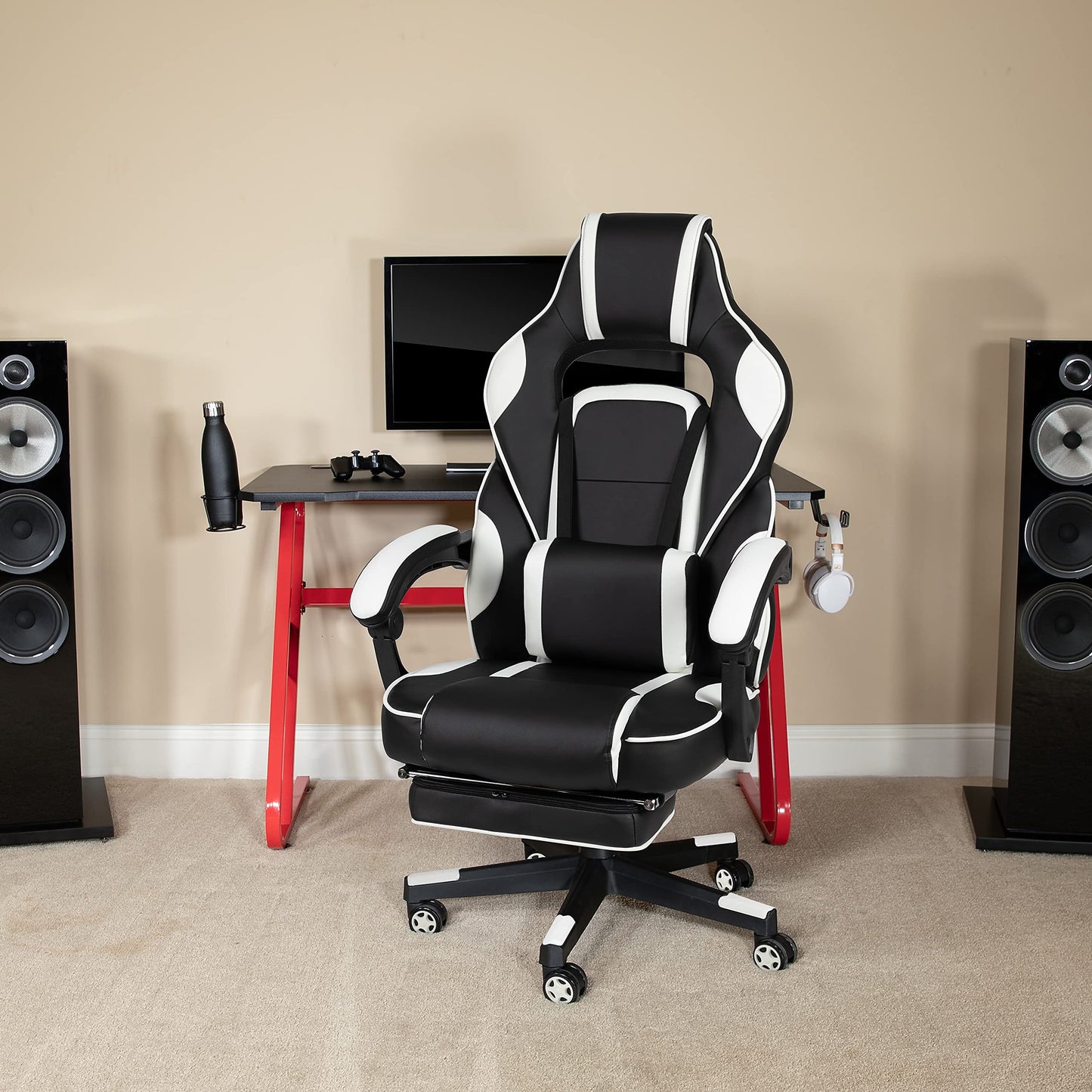 Flash Furniture X40 Gaming Chair Racing Ergonomic Computer Chair with Fully Reclining Back/Arms, Slide-Out Footrest, Massaging Lumbar - White