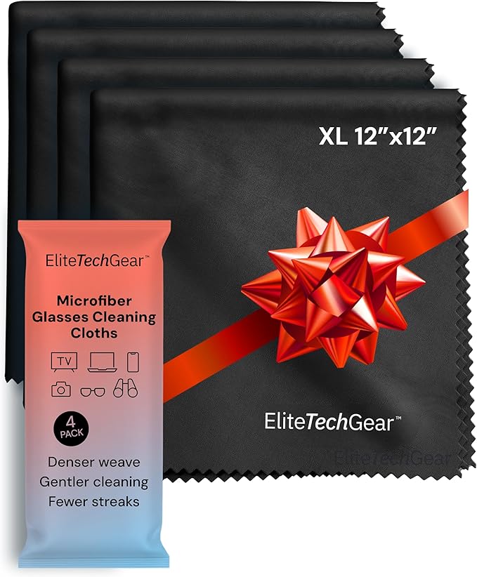 Elite Screens Oversized Microfiber Eye Glass Clean Cloths - 12" x 12", 4-Pack, Black - Streak-Free Lens Wipes - Portable Eye Glasses Cleaner Wipes