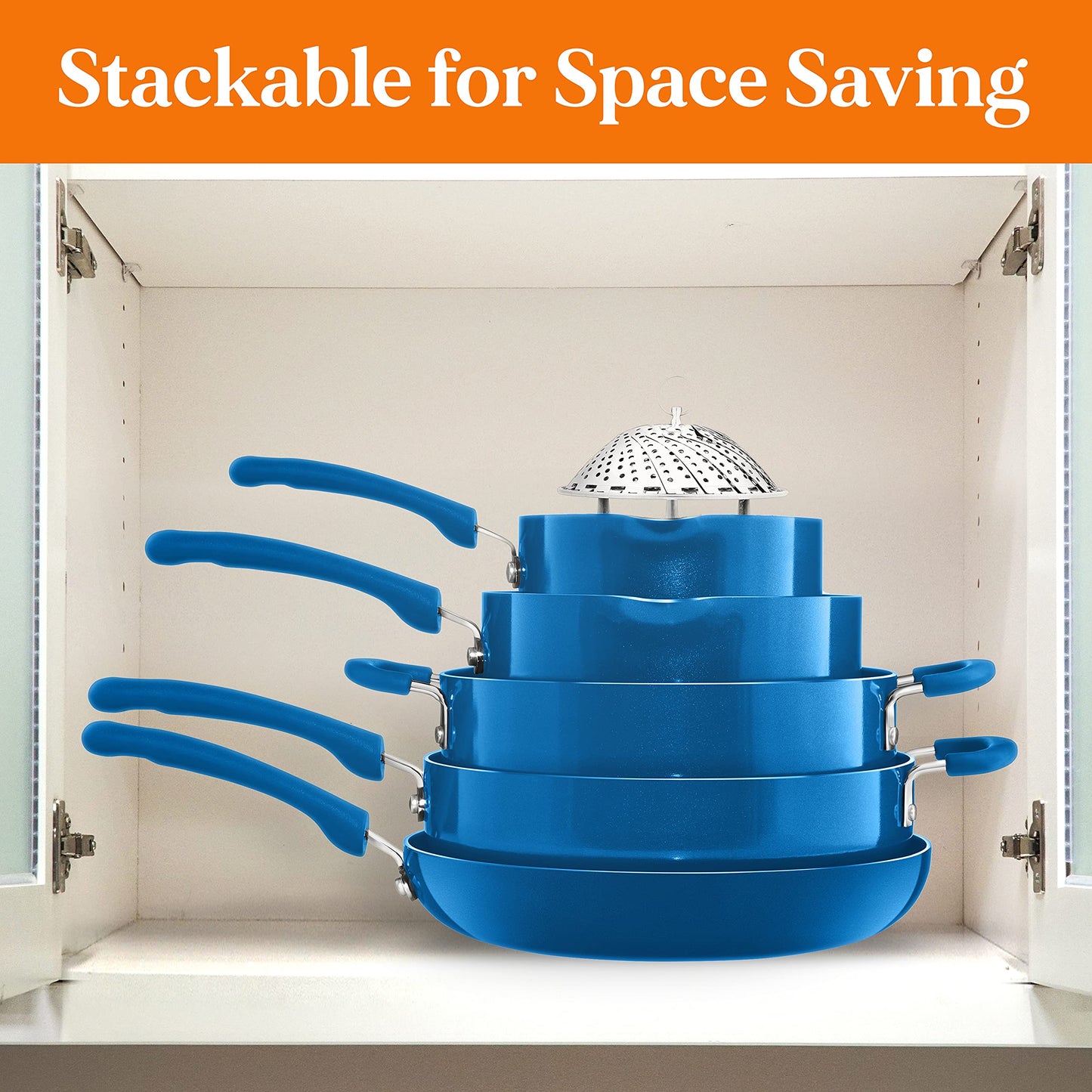 NutriChef 17pcs Blue Stackable Pots and Pans Set, Nonstick Induction Cookware, Space Saving Cookware, Easy Clean, Ideal For RV and Camper, Includes a Foldable Steamer Basket and Cooking Utensils