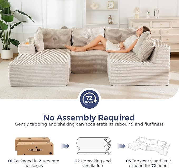 MAXYOYO 132" Oversize Modular Sectional Couch with L-Shape Chaise, Modern Boneless Couch for Living Room, Sofa in A Box, Oversized Sofa Sleeper with Deep Seat, No Assembly Required, Grayish Beige