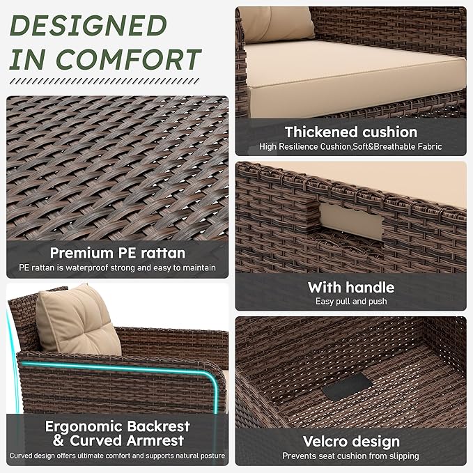 LHBcraft 5 Pieces Patio Set, PE Rattan Patio Conversation Set with Soft Cushions & Coffee Table, Outdoor Chairs with Hidden Ottoman for Porch, Lawn, Garden, Balcony, Brown