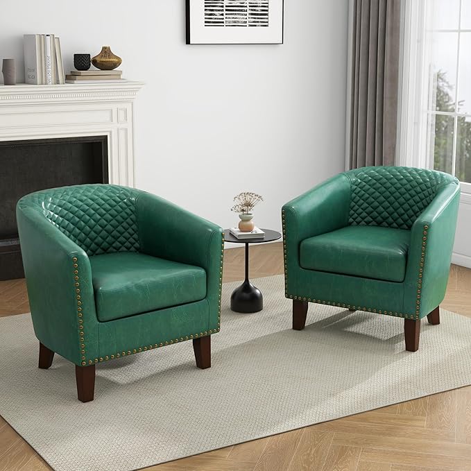 UIXE Faux Leather Barrel Accent Chairs Set of 2, Modern Club Upholstered Arm Chair, Comfy Armchair Nailed Trim Living Room Single Sofa Reading Seat Bedroom Side Sitting for Office, Green