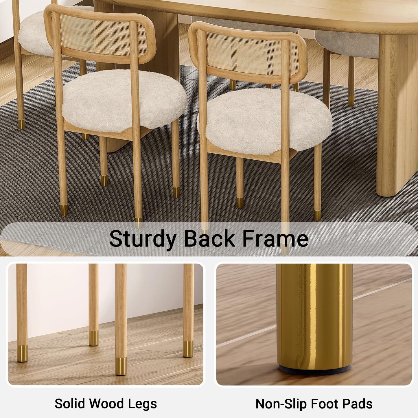 HoeuThien Upholstered Rattan Dining Chairs Set of 4, Mid Century Modern Kitchen Chairs with Curved Back and Solid Wood Legs Armless Accent Chair for Living Room Bedroom, Natural Oak/White Boucle