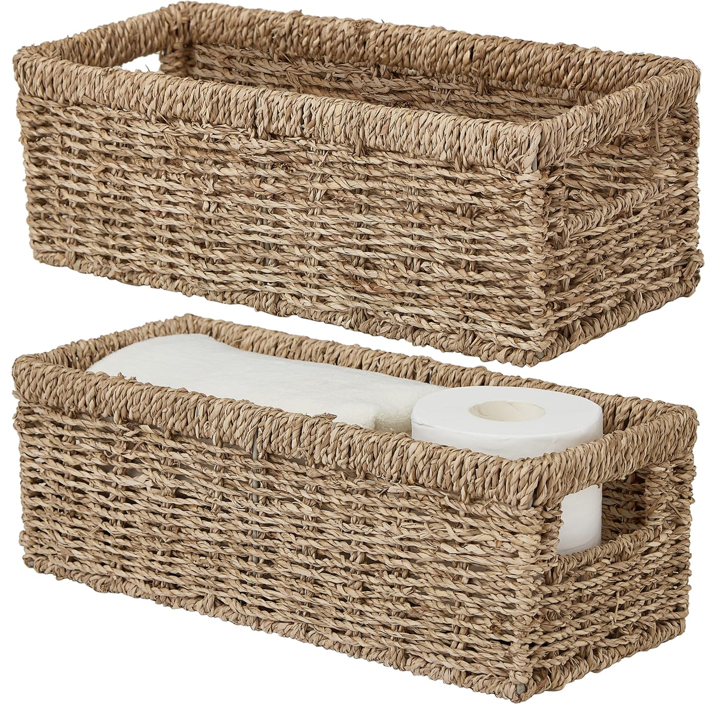 Vagusicc Wicker Storage Basket, Hand-Woven Seagrass Wicker Baskets with Handles, Toilet Paper Basket for Toilet Tank Top, Small Wicke Baskets for Organizing Shelves, 2-Pack, Seagrass