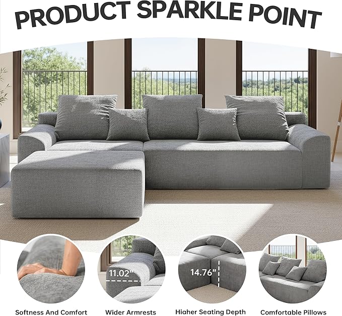 SEENYOO 111.2" Boneless Couch,Cloud Sectional Sofa with L-Shape Chaise,No Assembly,High-Density Memory Foam,Chenille Comfy Sofa for Living Room, Bedroon and Apartment (Grey)