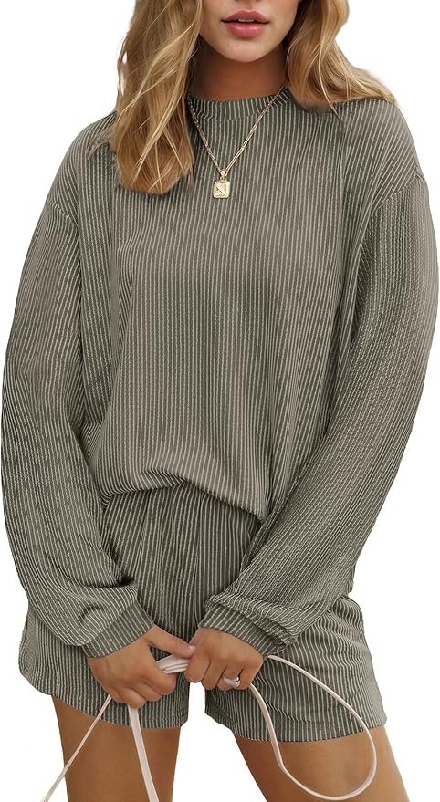 Ekouaer 2 Pieces Lounge Set for Women Long Sleeve Pajamas Top and Shorts Matching Sets Outfits with Pockets