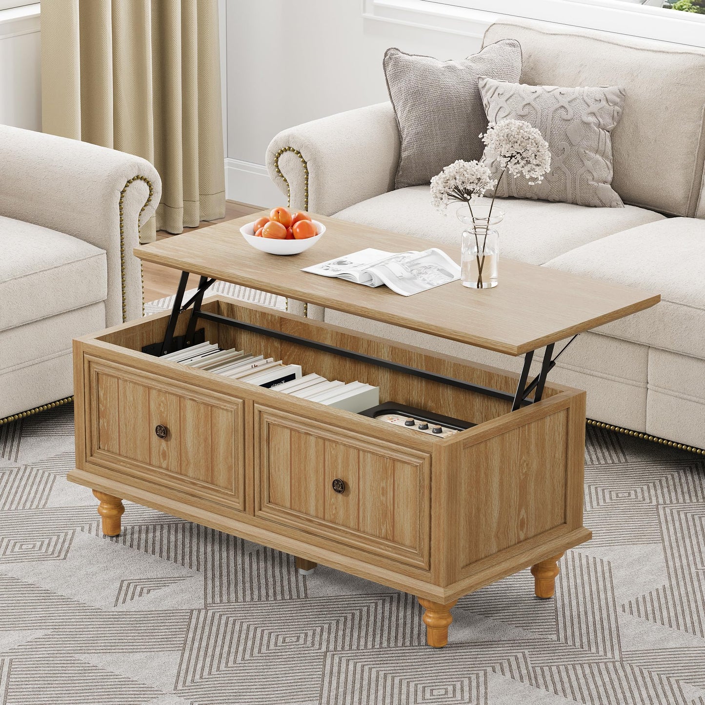 MAHYIZYI 39" Lift Top Coffee Table for Hidden Compartment, Wood Coffee Tables with Shelf, Farmhouse Rectangular Center Table Dining Table for Living Room Home Office Small Space (Natural)