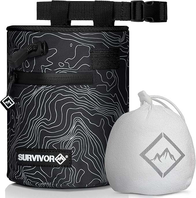 Chalk Bag + Refillable Chalk Ball - Iconic Topographical Map, Draw String Closure, 2 Zippered Pockets, & Brush Holder - Cl...