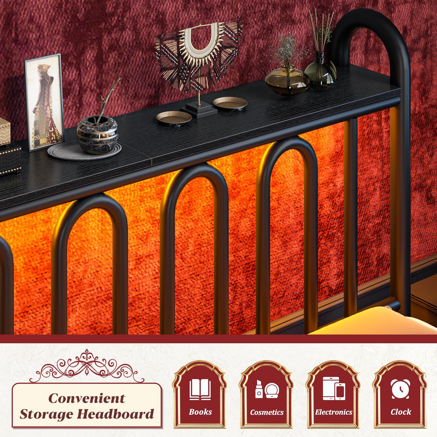 Homkdom Queen Bed Frame Metal Platform Bed Frame/Victorian Headboard and Footboard/LED Light/Sturdy Mattress Foundation with Under Bed Storage/No Box Spring Needed/Noise-Free/Easy Assembly, Black