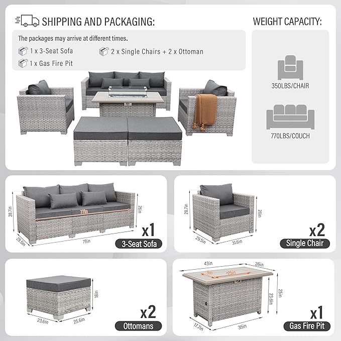 WAROOM Patio Furniture Set 6 Piece Grey Wicker Outdoor Sectional Sofa Balcony Furniture Couch PE Rattan Conversation Sets with Fire Pit Table, Grey Cushion