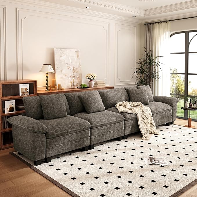 PHI VILLA Cloud Modular Couches Sets, 157.5" Sectional Sofa with Upholstered Deep Seat, 4-Seater Long Couches for Living Room Apartment, Chenille Fabric, Smoky Grey