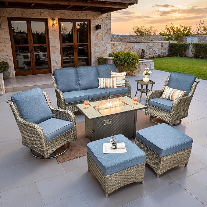 ovios 7 Pieces Patio Furniture Set, Outdoor Wicker Sofa Couch with Swivel Chairs 42" Fire Pit Table, High Back Modern All Weather Conversation Sets, Grey Rattan, Denim Blue