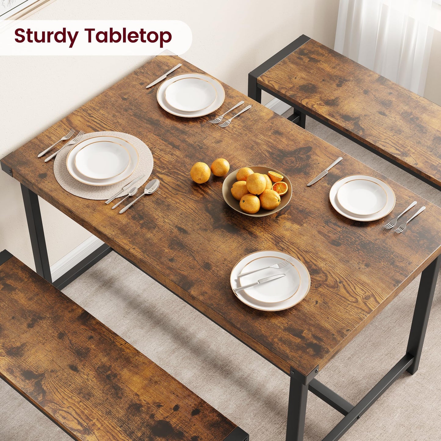 IDEALHOUSE Dining Table Set for 4, Kitchen Table with Benches, Rectangular Dining Room Table Set with 2 Metal Wood Benches, 3 Piece Dining Table Set for Small Space, Apartment, Dinette, Retro Brown
