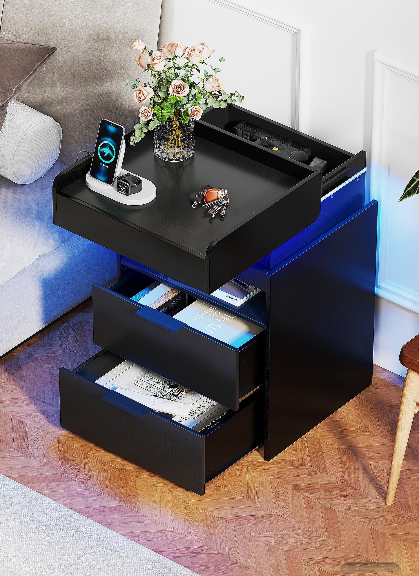 Night Stand with Gun Drawer - Modern Nightstand with Charging Station & LED Lights Widen Bedside Tables with 2 Drawers Hidden Sliding Top Storage Open Cabinet End Table for Living Room Bedroom Black