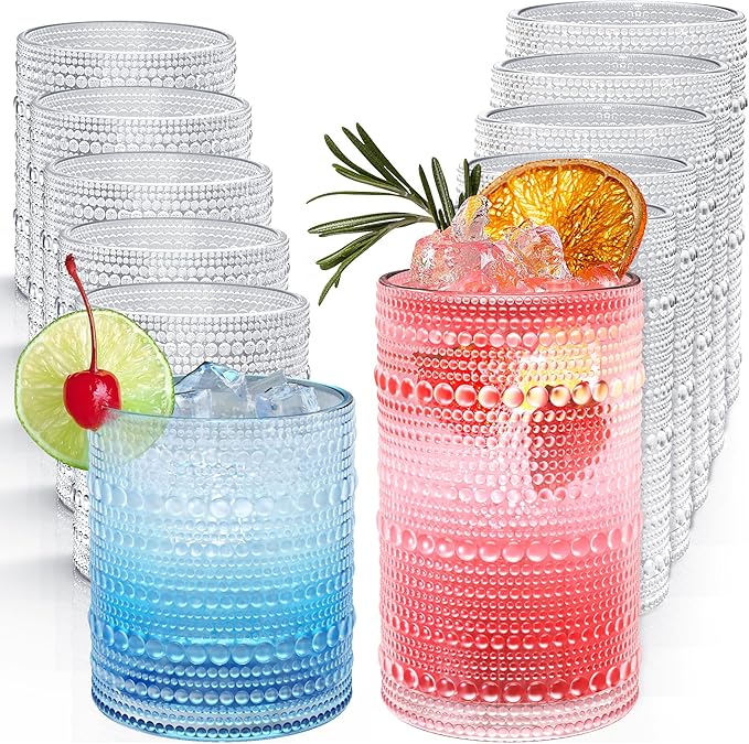 Vintage Hobnail Drinking Glasses Set of 12, 12 oz Highball Glasses & 10 oz Cocktail Glasses, Embossed Glass Cups, Clear Wa...