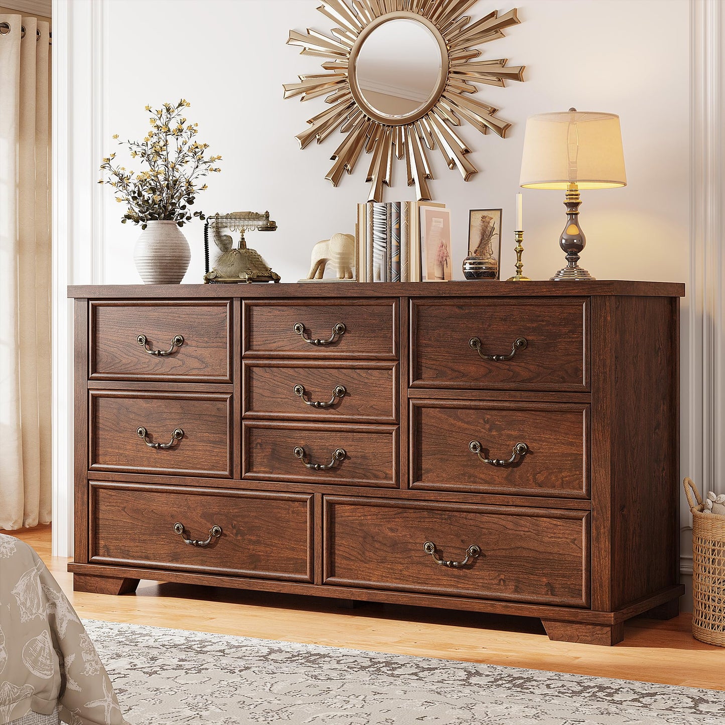 EnHomee Farmhouse 9 Drawer Dresser for Bedroom, 52" Wooden Dresser with Vintage Design, Hallway, 15.6" D x 52" W x 36" H Antique Brown