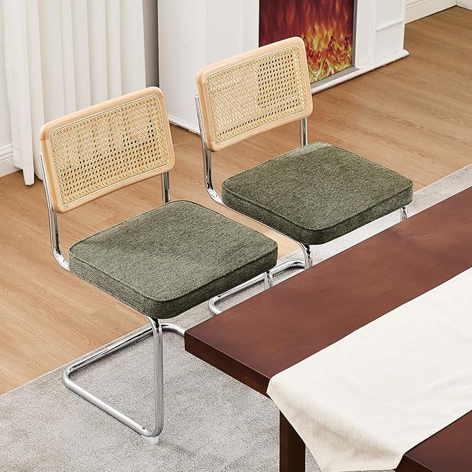 Zesthouse Natural Rattan Dining Chairs Set of 4, Mid Century Modern Dining Chairs with Solid Wood Back & Chrome Base, for Kitchen Living Room, Breuer Design Inspired, Upholstered Linen Fabric, Green