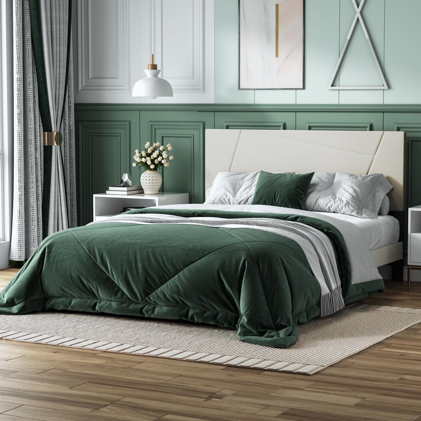IOILORI Queen Size Bed Frame, Queen Platform Bed Frame with Velvet Upholstered Headboard, Geometric Pattern, Sturdy Frame and Slats, Noiseless, No Springs Required, Easy to Assemble