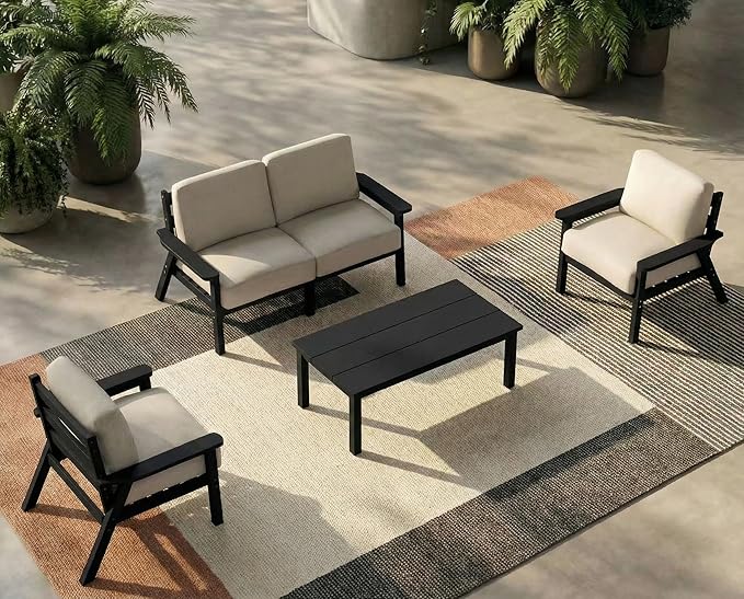 Patio Kingdom Patio Furniture Set with Washable Thick Beige Cushions, Coffee Table & Side Table, HDPE Outdoor Couch, All-Weather Outdoor Sectional Furniture, Patio Conversation Sets (Black Frame)