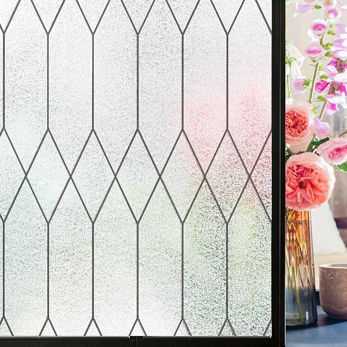 Windimiley Window Privacy Film Stained Glass Static Clings, Bathroom Frosted Leaded Decorative Window Stickers, UV Heat Blocking Opaque Removable for Home Door Coverings (17.5 x 157.5in,Pure)