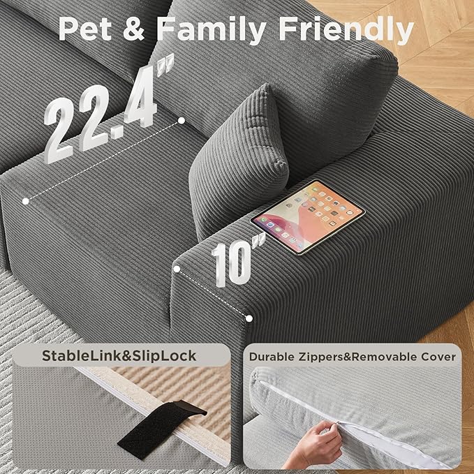 INGEROOM 108" Cloud Sectional Couch with Chaise, Modular L-Shaped Sofa, Deep Seat Comfy Corduroy Memory Foam Couch for Apartments, Dorms or Small Space, No Assembly Required, Dark Grey