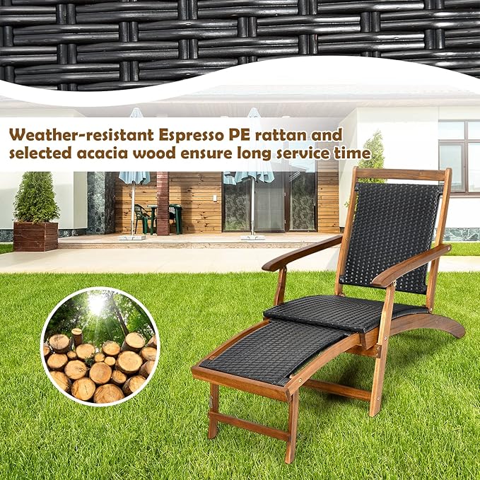 RELAX4LIFE Patio Chaise Lounge Chair - Acacia Wood Folding Rattan Wicker Chair w/Retractable Footrest, Space-Saving Ergonomic Deck Chair for Garden, Poolside, Patio