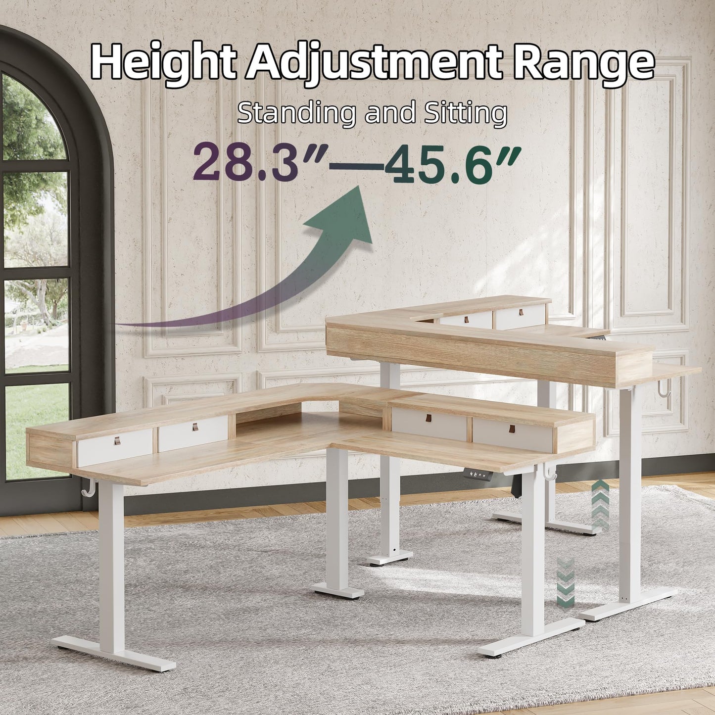 TIQLAB L Shaped 63 x 55 inch Standing Desk Adjustable Height, Electric Corner Standing Desk with 4 Drawers and Upper Shelf, Sit Stand Computer Table with Splice Board, Maple