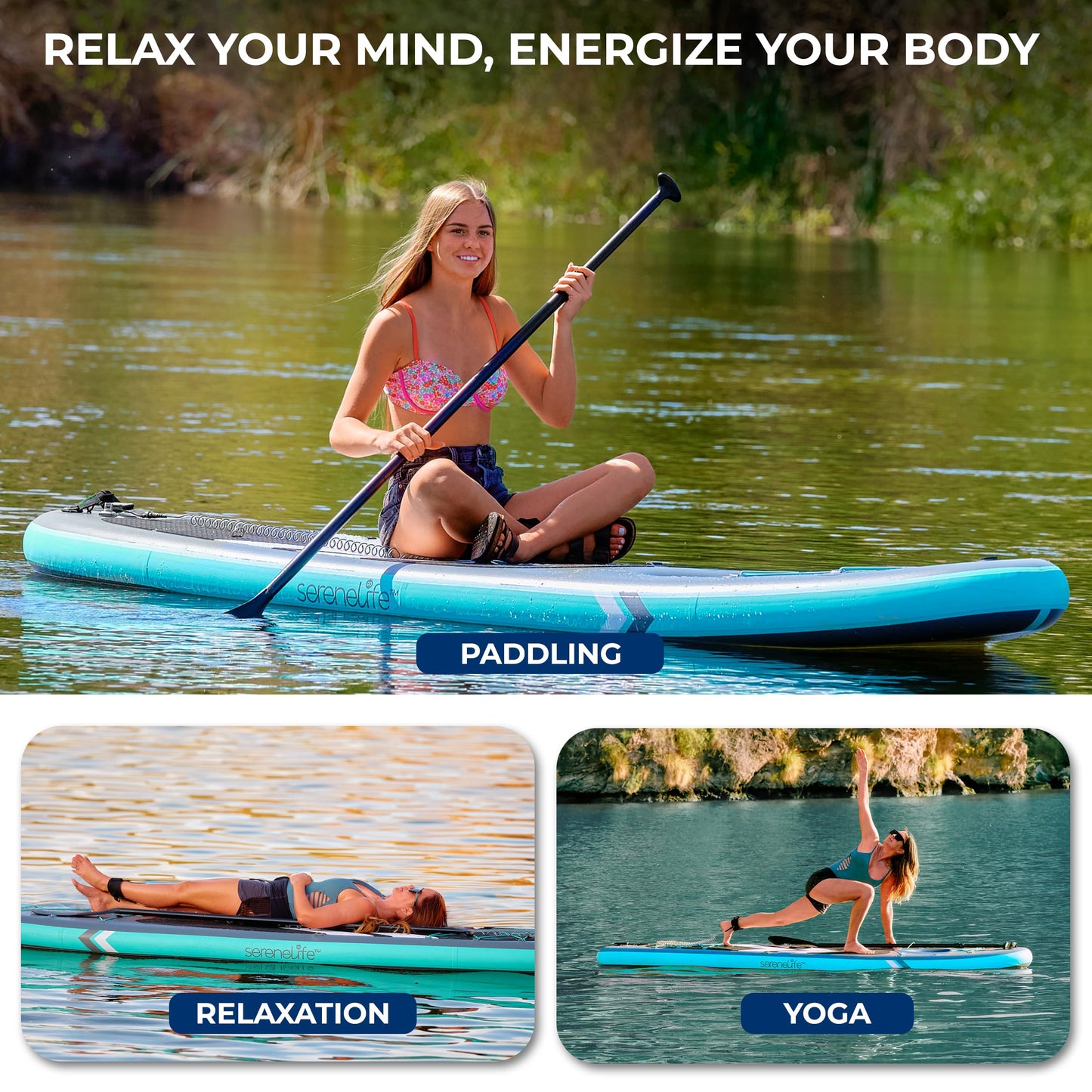 SereneLife 10’6” Inflatable Stand-Up Paddle Board with Window - 32” Wide Stable Design with Non-Slip EVA Deck Pad, Premium SUP Accessories and GoPro Mount, for Youth and Adults, 350 lbs. Capacity