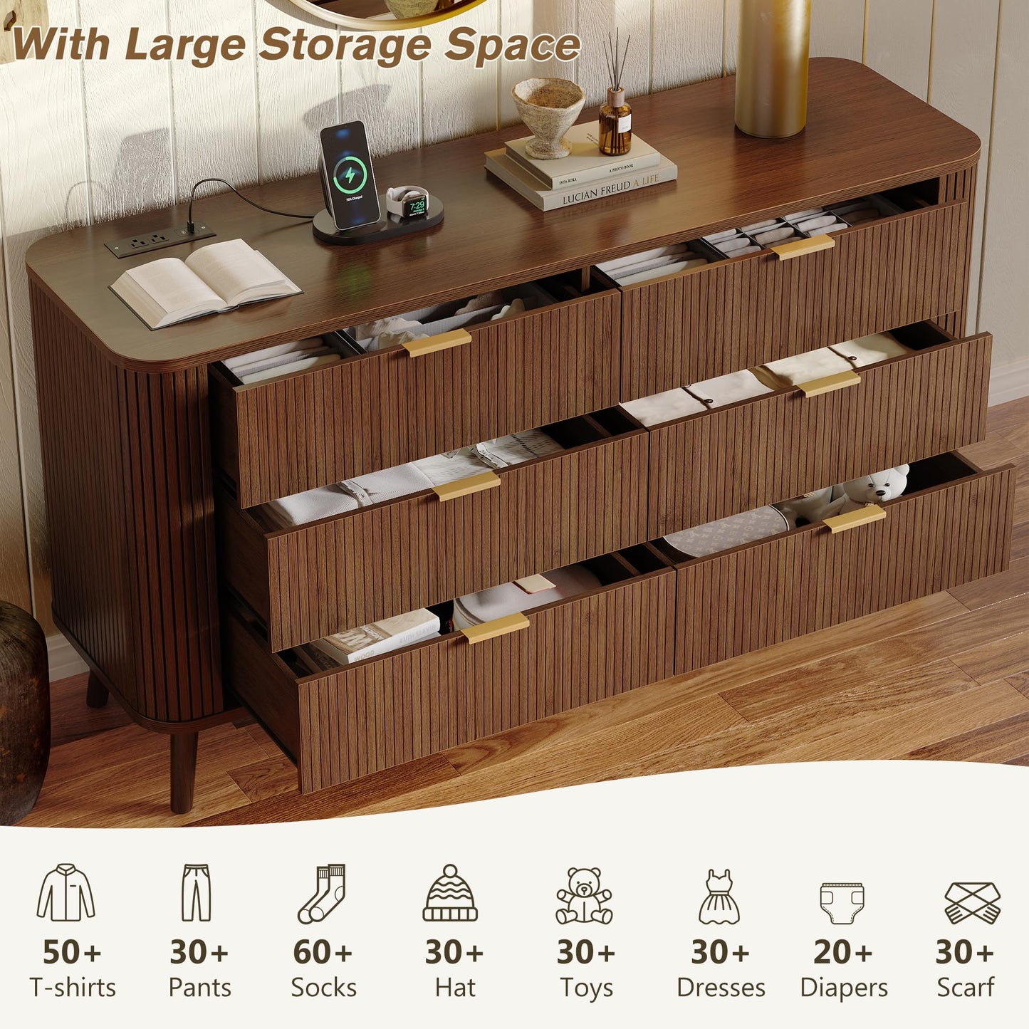 Fluted 6 Drawer Dresser with Charging, 57" Wide Wood Dresser TV Stand, Mid Century Modern Long Dressers with Curved Profile Design for Closet, Bedroom Living Room, Hallway, Entryway, Home Office