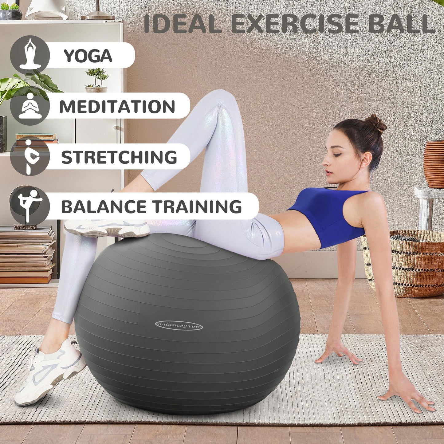 Fitvids Anti-Burst Slip Resistant Exercise Ball with Quick Pump, 2,000-Pound Capacity, 19-22 inch, M