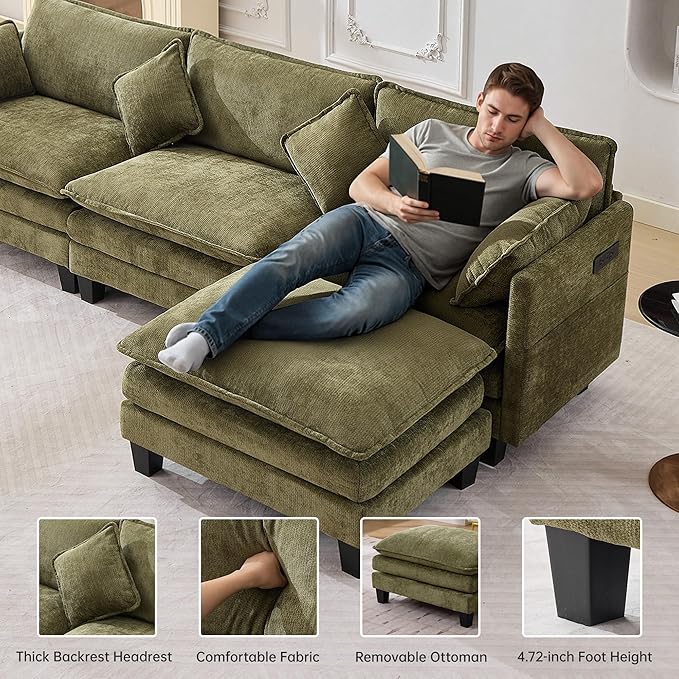 Opiesit 108" Modular Sectional Couches for Living Room with Ottoman, L Shaped Cloud Couch with Charger, USB & Type-c Port, Comfy 4 Seats Sofas with Deep Seat, Chenille Fabric, Green