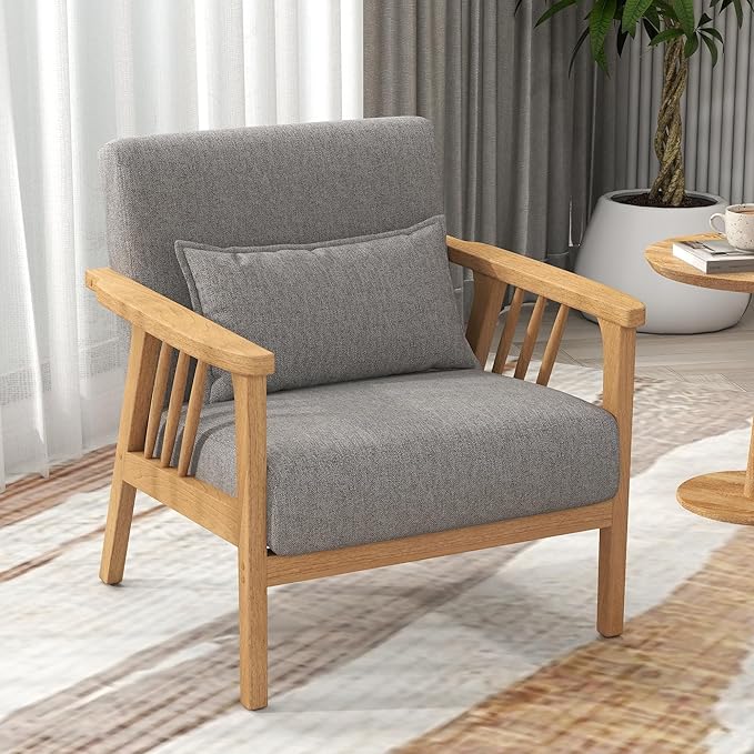 SEYNAR Mid-Century Accent Chair, Linen Fabric Armchair and Lounge Chair with Lumbar Pillow, Wide Seat & Solid Wood Frame for Living Room, Bedroom or Balcony (Light Gray)