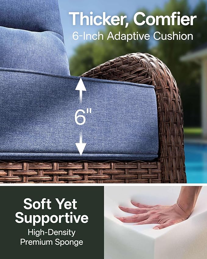 5-Piece Patio Furniture Set with 6-Inch Thick Cushions, High Back Outdoor Arm Chairs and Table, All-Weather Conversation Set for Porch, Deck, Balcony, Yard in Blue