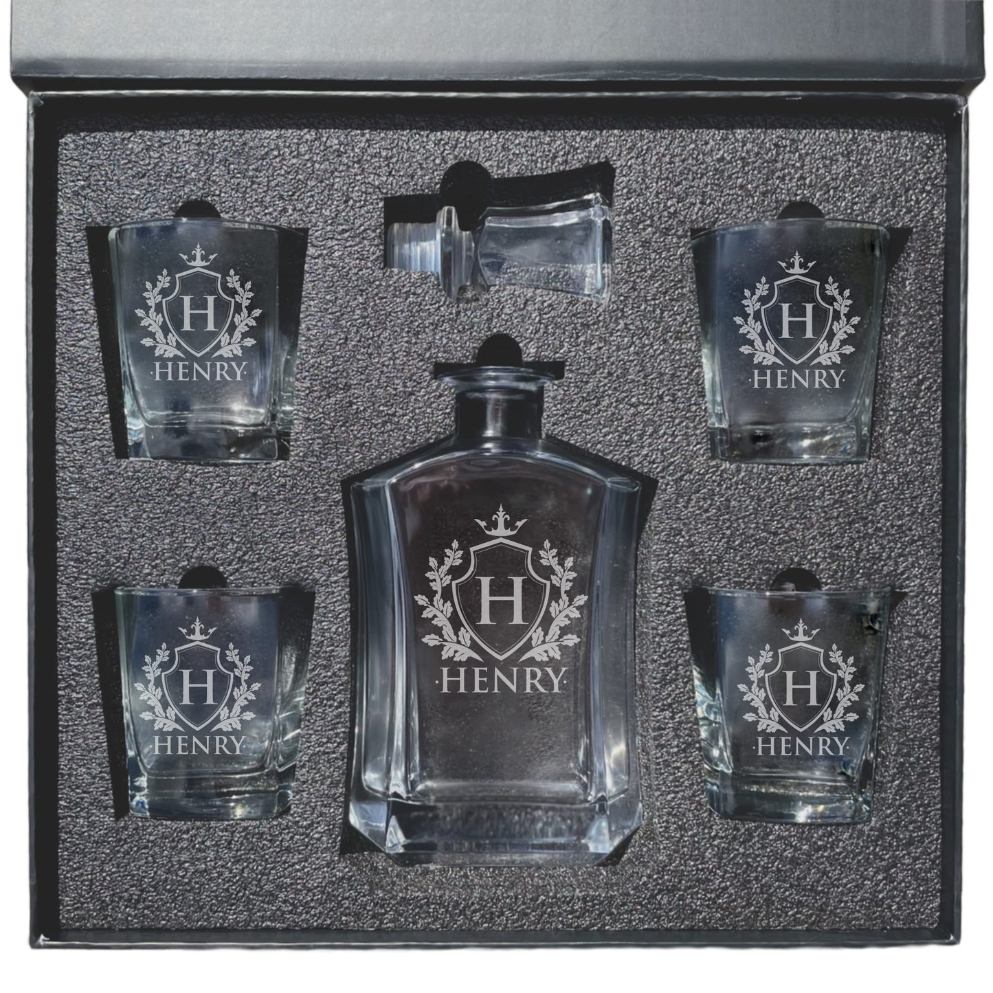 My Personal Memories, Personalized 5 pc Whiskey Decanter Set - Decanter and 4 Glasses Gift Set - Custom Engraved with Name and Initial (Shield Design)