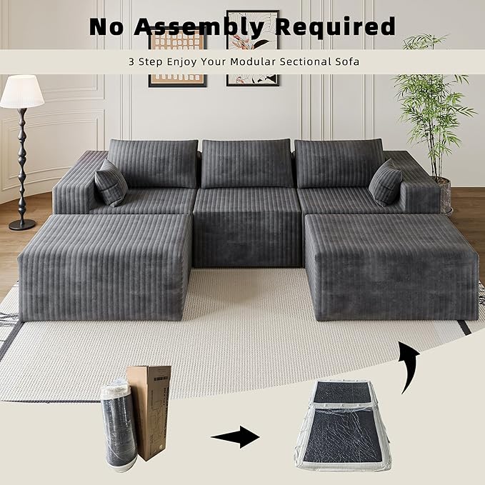 CABZOON 110" Cloud Couch Sectional for Living Room U-Shape Boneless Couches Modular Sectional Sofa with Deep Seat with Chaise,No Assembly Required, Carbon Gray(Plush Corduroy Fabric)
