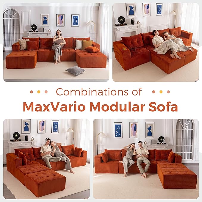 MAXYOYO 129.5" Modular Sectional Sofa Couch, U Shaped Modern Cloud Couch with 2 Ottomans, Sofa in A Box, Tufted 6-Seat Boneless Sleeper Chair for Living Room, No Assembly Required, Orange