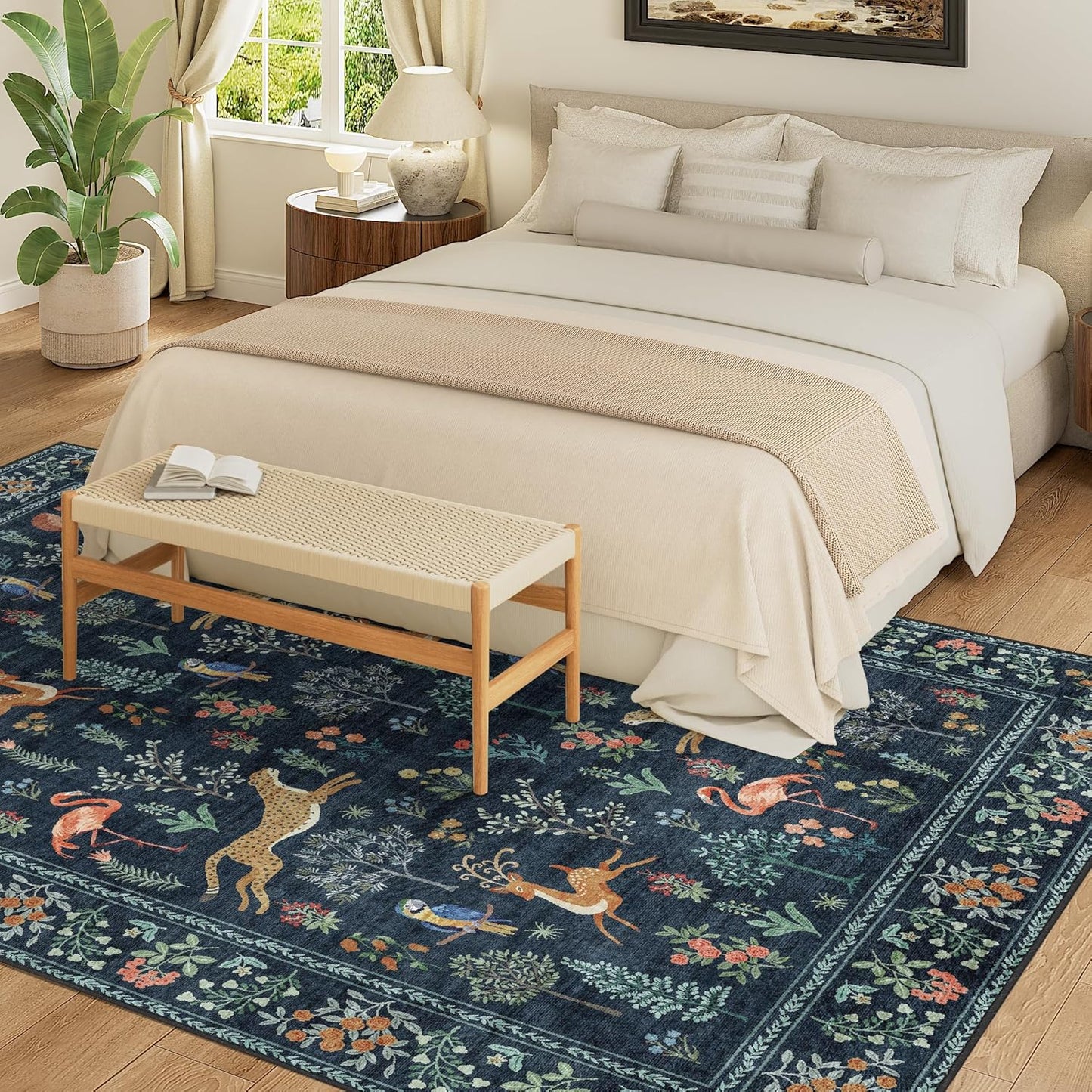 DUKINO 9x12 Rug, Washable Animal Living Room Rug with Non Slip Vintage Design, Soft Low Pile Large Carpet for Bedroom, Nursery, Dining Room, Farmhouse, Playroom, Navy Blue