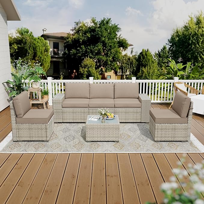 Broivira 6 Piece Patio Furniture Set, 9.8" Wide Arm Sectional Sofa with Storage Armrests, All-Weather Rattan Outdoor Conversation Set for Garden, Porch, Lawn, Backyard, Balcony, Khaki
