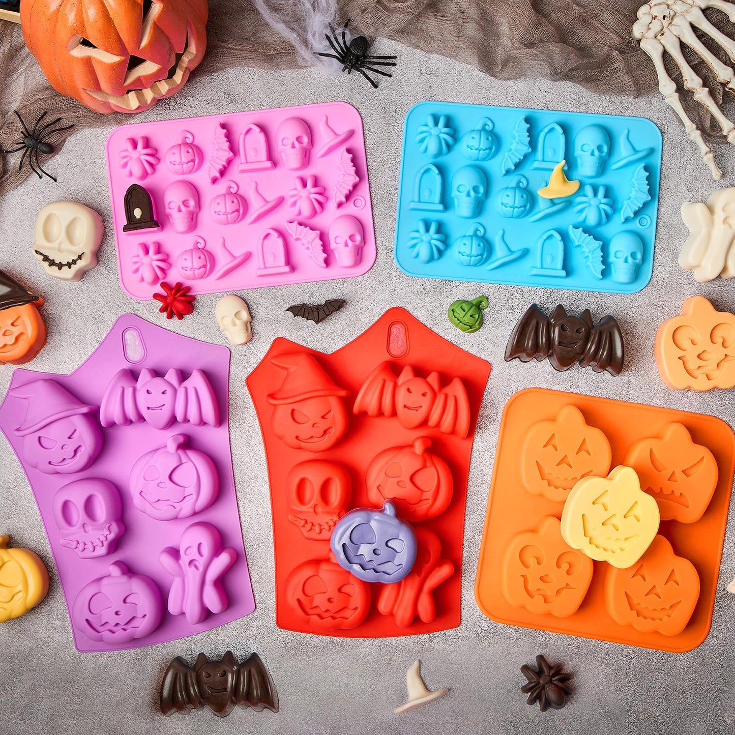 JOERSH Halloween Chocolate Silicone Molds, 5PCS Pumpkin Bat Skull Ghost Spider Shaped Cake Mold Non Stick Baking Pan for Cupcake, Muffin, Candy, Jello, Soap, Candle, Cake Decorating