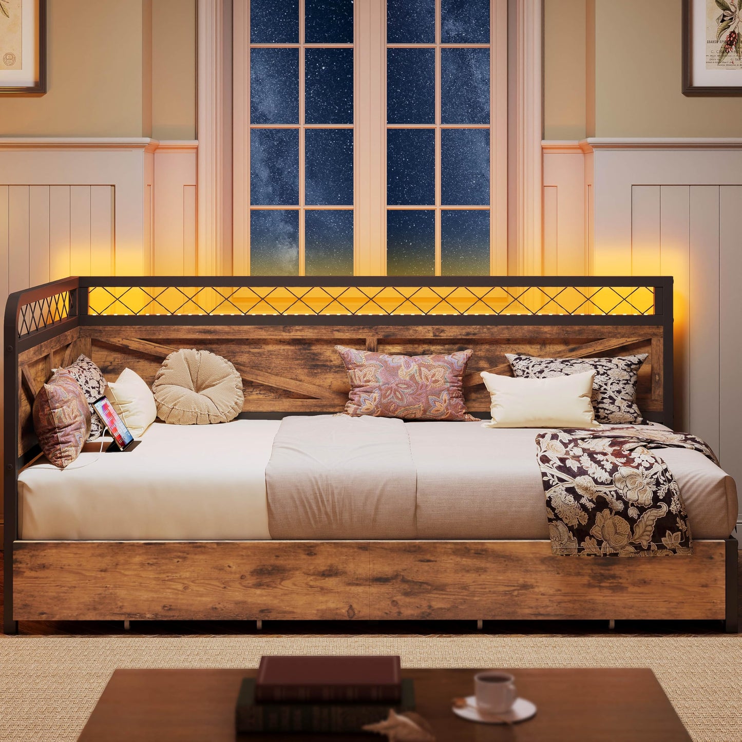 ANCTOR Twin Daybed with Storage Drawers, Corner Bed Frame with LED Lights and Charging Station for Living Room, Bedroom and Guest Room, Industrial Brown