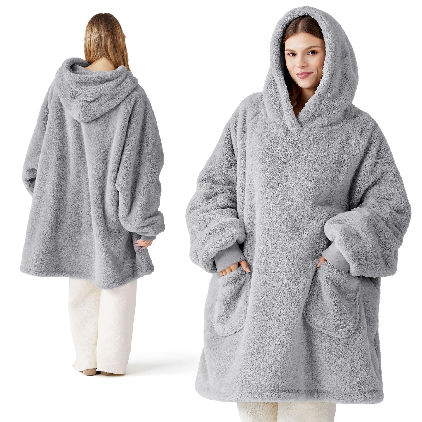 Bedsure Wearable Blanket Hoodie - Gifts for Girlfriend, Warm Cozy Fluffy Birthday Present ideas for Wife, Soft Sweatshirt Gifts for Women Oversized Hooded Blankets With Sleeves, Grey