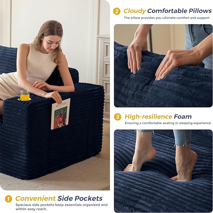 MAXYOYO 104" Modular Sectional Couch with L-Shape Chaise, Modern Boneless Couch for Living Room, Sofa in A Box, Oversized Sofa Sleeper with Deep Seat, No Assembly Required, Navy