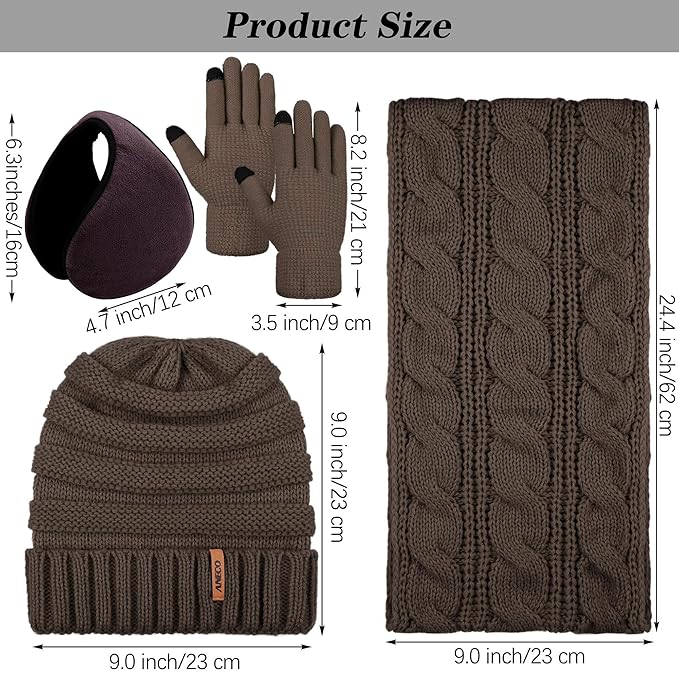 Aneco Winter Warm Sets Knitted Scarf Beanie Hat Touch Screen Gloves and Winter Ear Warmer for Men or Women
