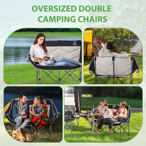 Nice C Loveseat Camping Chair, Double Camping Chair, Outdoor Camping Couch, Oversized Camping Loveseat, Padded Folding Chair for Adults, with Cooler Bag, Wine Glass Holder (Black&Grey)