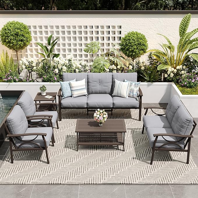 FansaFurn 6-Pieces Outdoor Patio Furniture Set, Outdoor Metal Sectional Furniture with Cushions, Outdoor Conversation Seating Set with Coffee Table for Garden, Balcony, Deck, Backyard, Grey