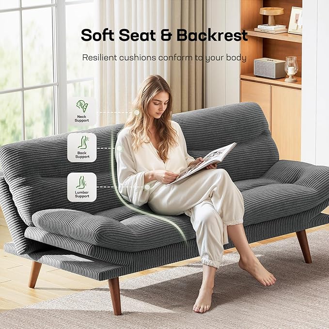 Marsail Futon Sofa Bed, 66.1” Futon Couch with Adjustable Backrest & Armrests, Convertible Small Sleeper Sofa Bed for Small Apartments, Study Room, Office, Corduroy Loveseat, Grey