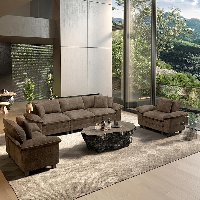 HERA'S HOUSE 3 Pieces Modular Sectional Sofa Sets, Oversized Couch Set with Loveseat and Armchairs, Comfy Cloud Couches with Throw Pillows, 5-Seater Deep Seat Sofa for Living Room, Chenille Taupe