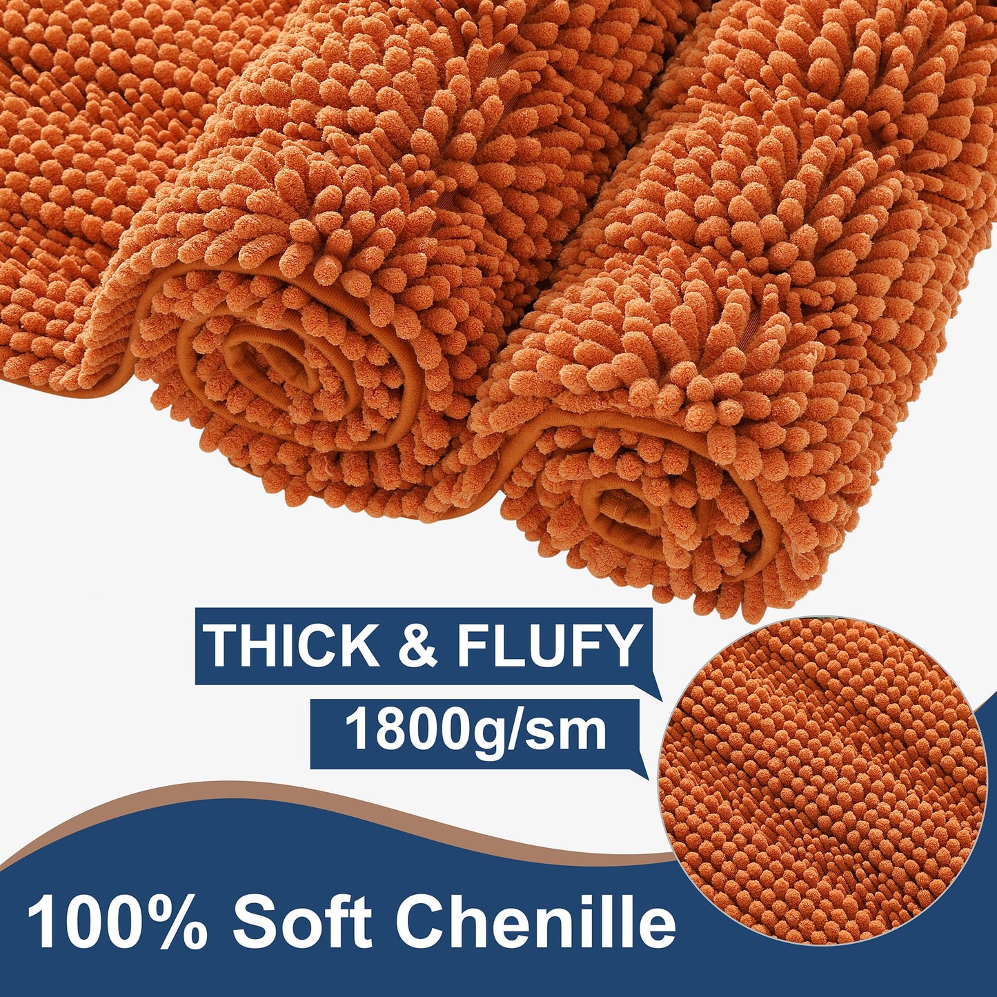 Non Slip Thick Shaggy Chenille Bathroom Rug Sets 2 Piece, Thickened Hot Melt Rubber Bottom Bath Mats for Bathroom, Bath Rugs Quick Dry Machine Washable for Shower (Burnt Orange, 32"x20" Plus 17"x24")
